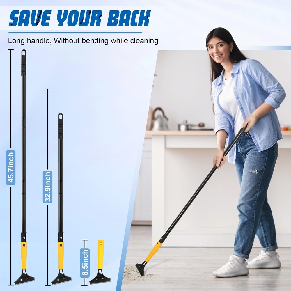 Floor Scraper with 45.7” Long Handle, 4 Inch Razor Blade Large, Yellow