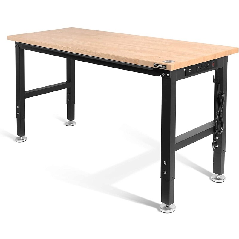 WORKPRO 60" Adjustable Workbench Rubber Wood Top Heavy-Duty Workstation 2000 Lbs