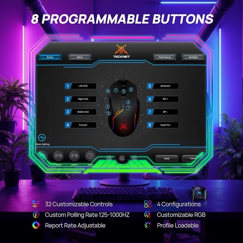 Wired Gaming Mouse, 12,800 DPI with Optical Sensor, 8 Programmable