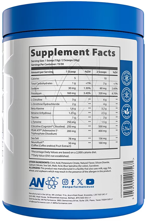 Pre-Workout with Zero Caffeine - Blue Raspberry (13.75 Oz. / 30 Servings)