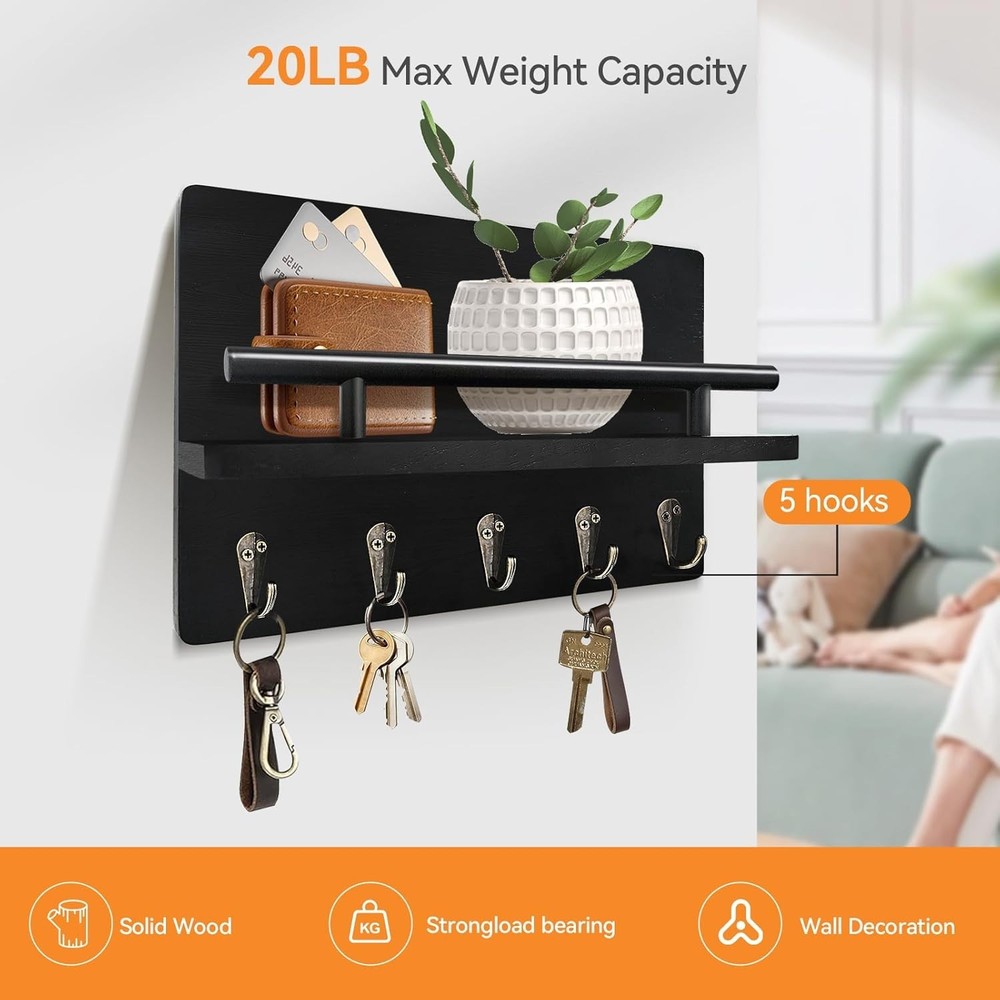 Wall-Mounted Key Holder & Mail Organizer with Hooks - Entryway Storage & Decor