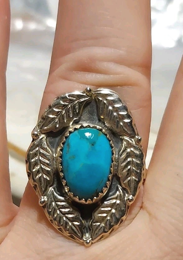 New Sterling Silver & Kingman Turquoise Adjustable Ring with Leaf Design