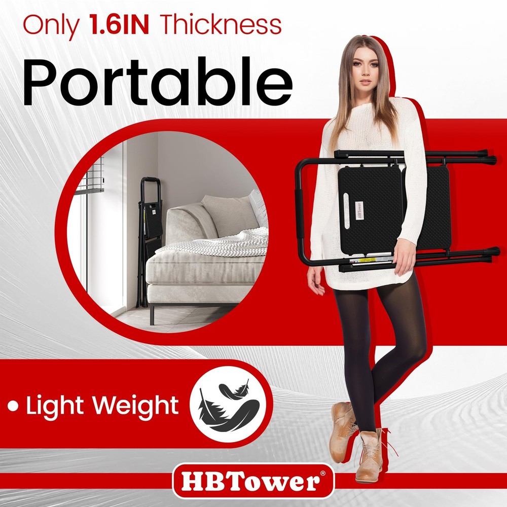 HBTower Step Ladder, Folding Stool with Wide 2 Black