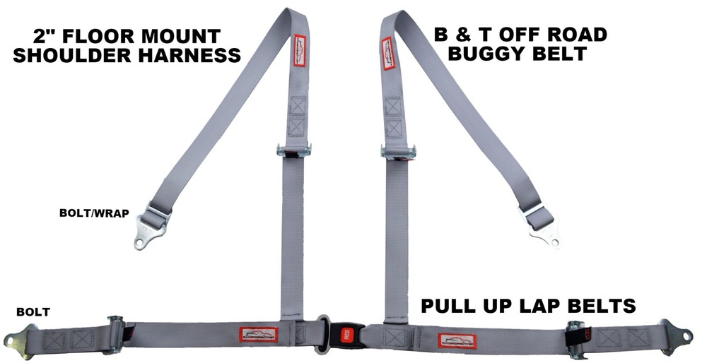 RACERDIRECT GRAY 4 POINT SEAT BELT 2" HARNESS PULL UP LAP BELTS FLOOR MOUNT