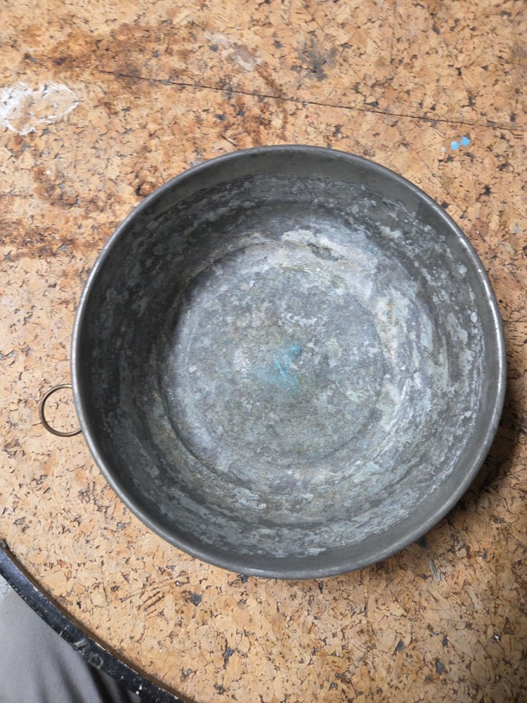 Vintage Copper Tin Lined Bowl Dish 9"x3" Handle Ring