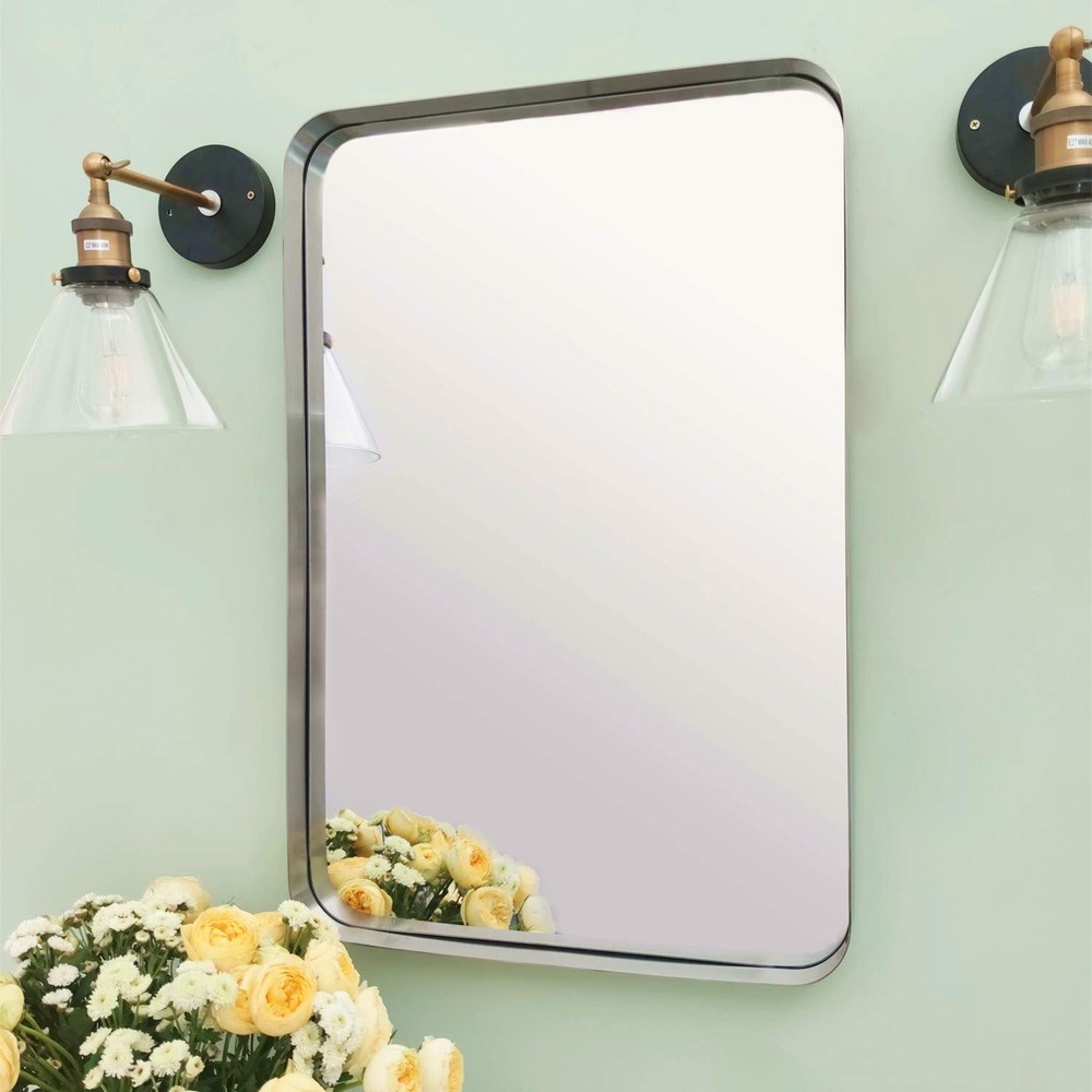 20x30 Brushed Nickel Bathroom Mirror Rounded Rectangle Brushed Silver Vanity ...