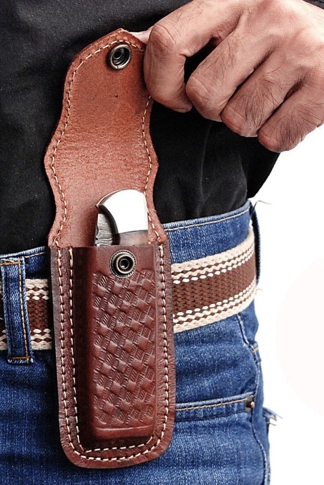 HANDMADE GENUINE ENGRAVED LEATHER SHEATH FOR 5" FOLDING POCKET KNIFE