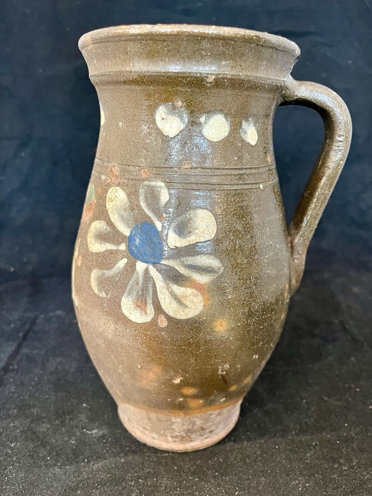 Fantastic Circa 1800’s Redware Milk Pitcher. Applied Handle Painted Florals.