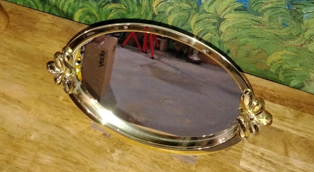 Vanity Bath Mirror Gold Oval with Bow Handles. Hangable