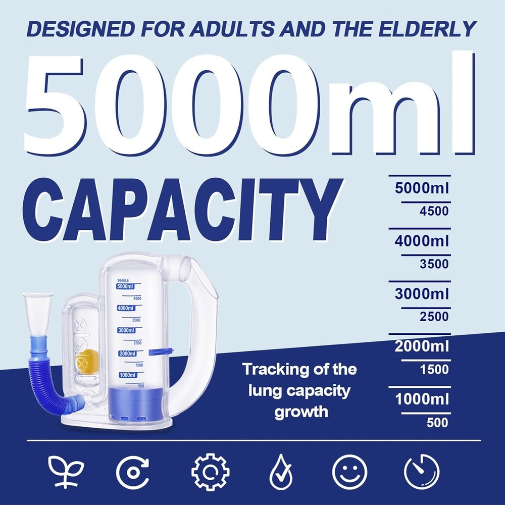 Incentive Spirometer Adult, Breathing Exercise Device for Lungs, Deep 5000ml