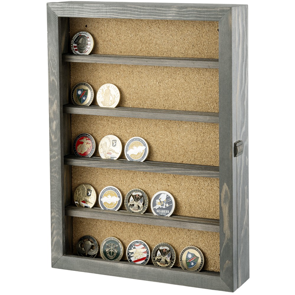 Wall Mounted Gray Wood Coin Display Case w/ Clear Panel, Hanging Shadow Box