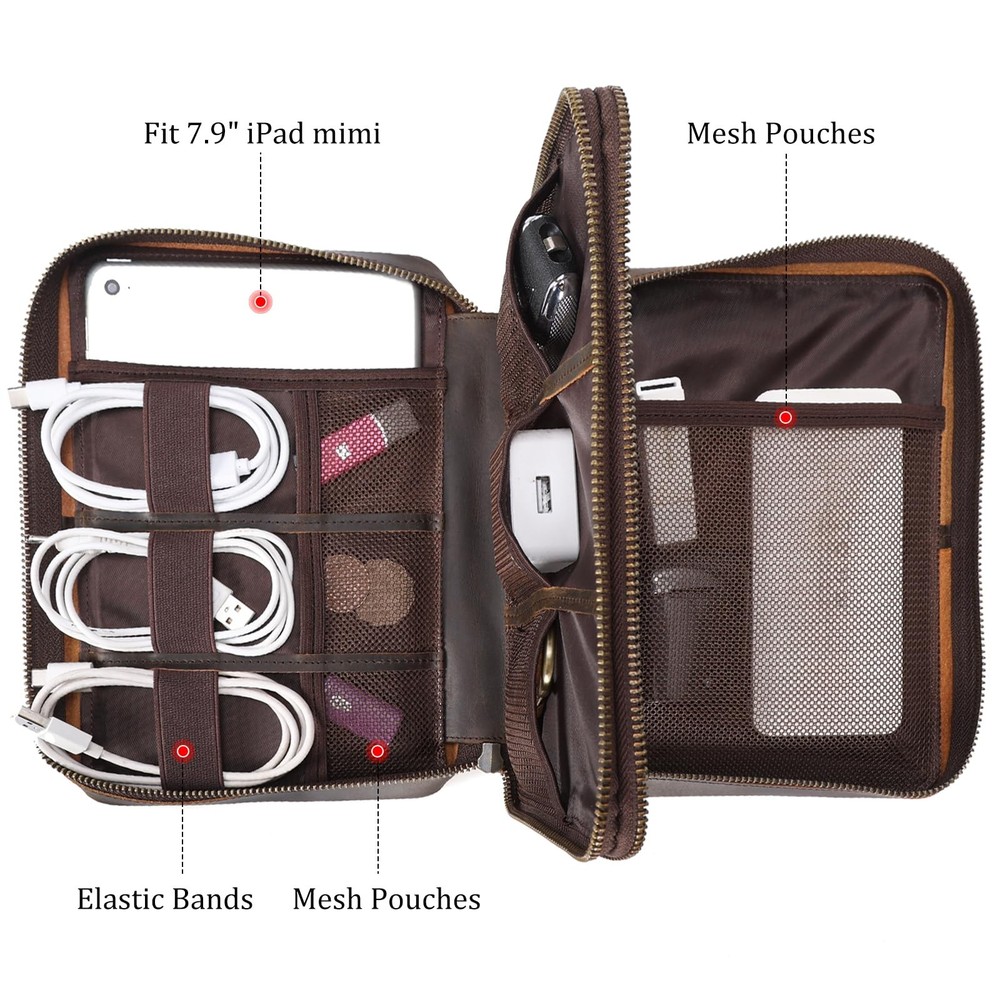 Double Layer Leather Travel Cable Organizer Bag for Electronics Storage
