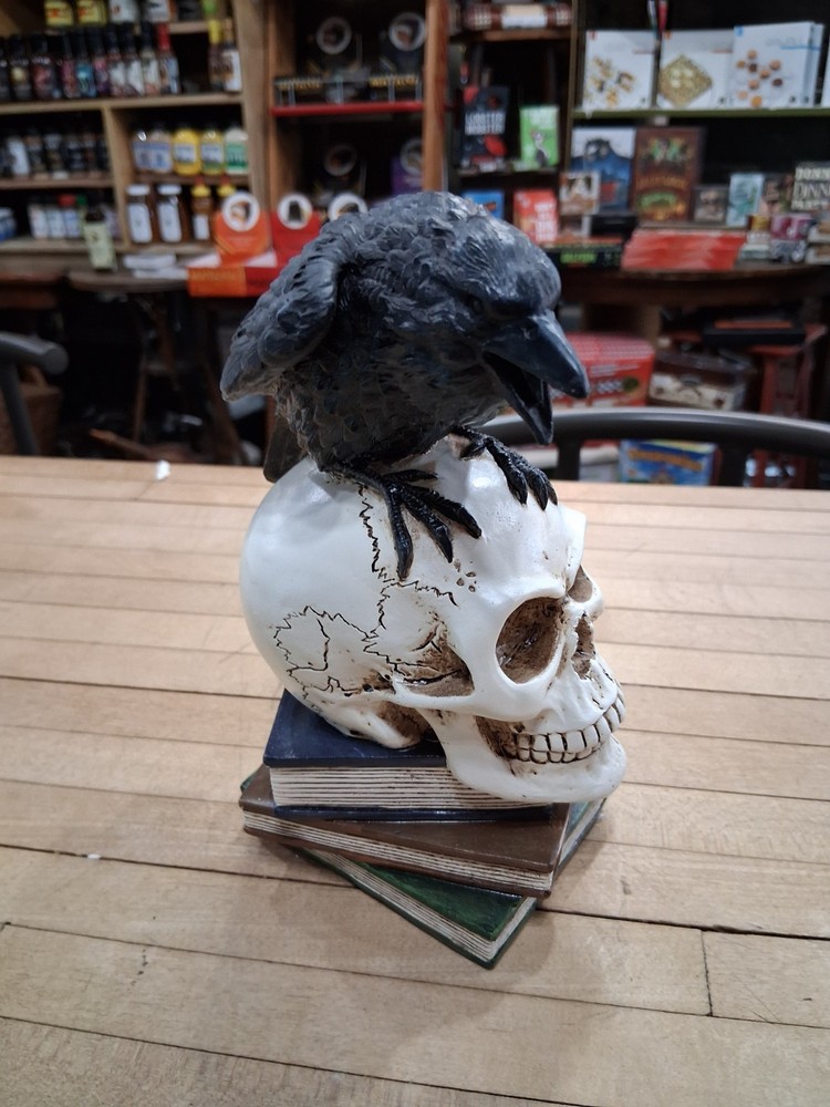 Raven Perched on Skull Gothic Book Stack Figurine