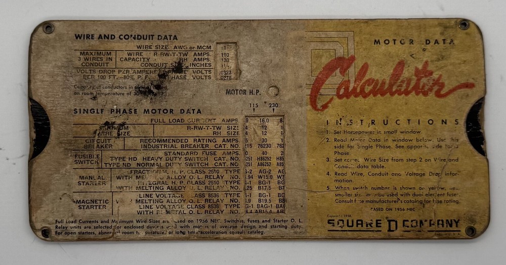 Vintage Square D Motor Data Calculator Slide Chart - 1953 NEC - B