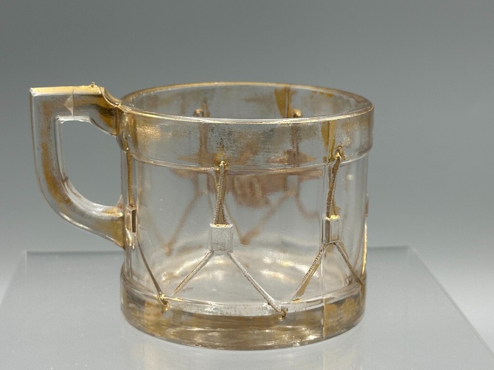 1909 Pair Mug EAGLE DRUM Cup Glass CANDY CONTAINER Antique E&A 543