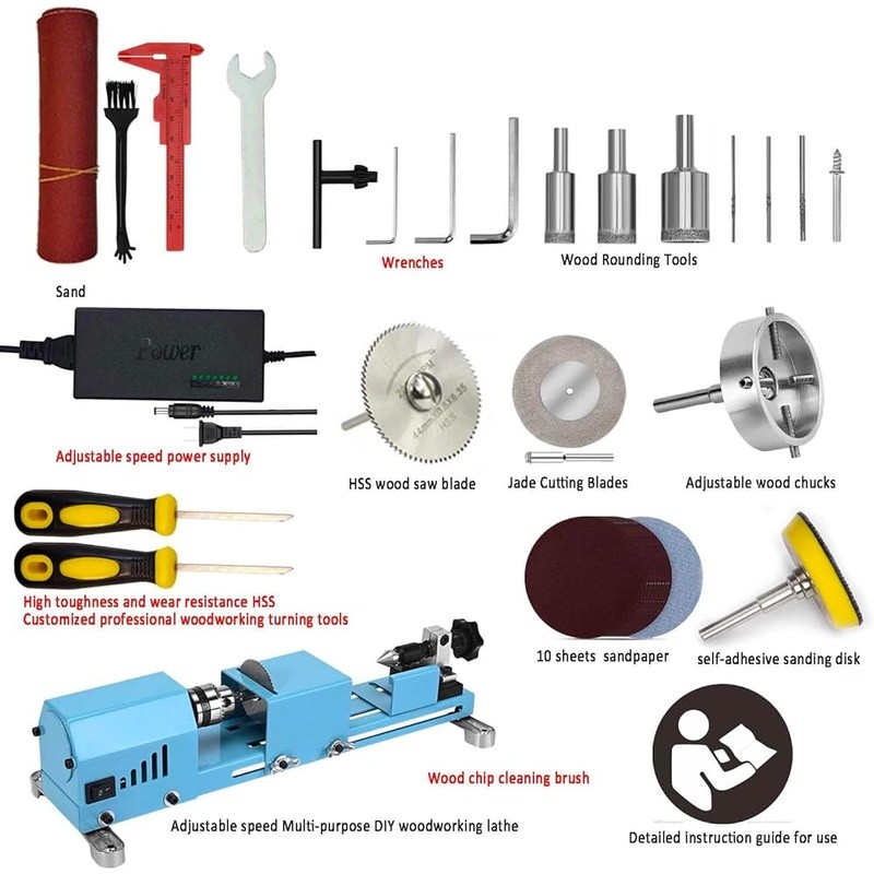 Mini Woodworking Lathe Adjustable Chuck High Torque HSS Tools DIY Crafts New