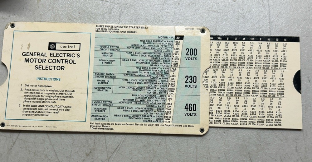 General Electric Motor Control Selector Slide Chart GEN-845 Dated 1974