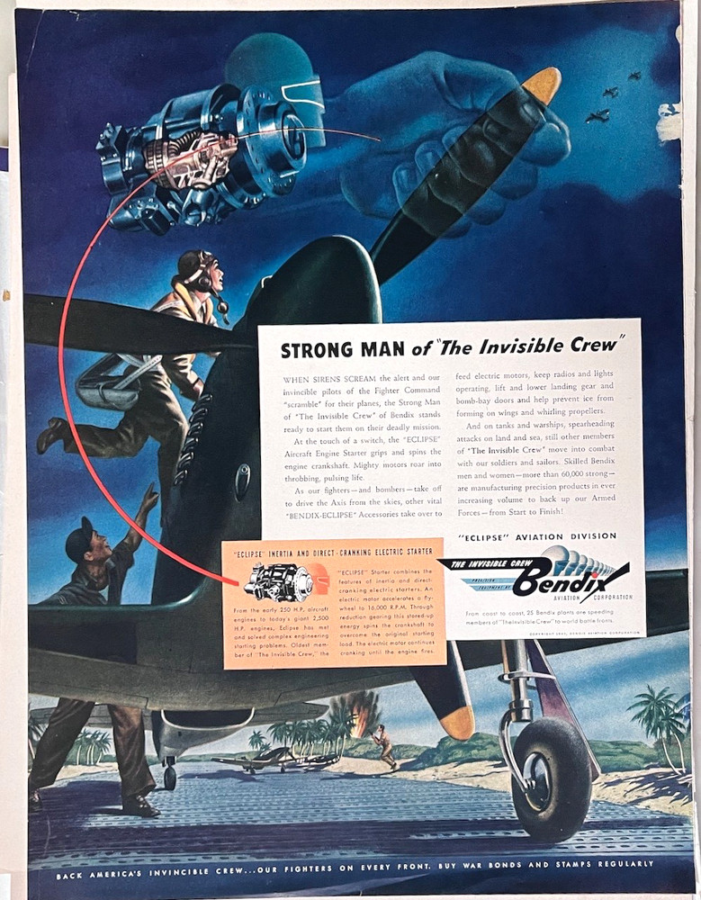 1943 magazine ad for Bendix - strongman Eclipse Aircraft Starter, WW2 ad