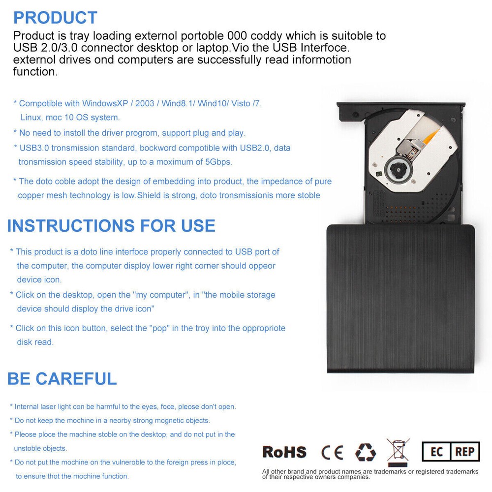 Slim External USB CD DVD RW ROM Writer Drive Burner Reader Player PC Laptop