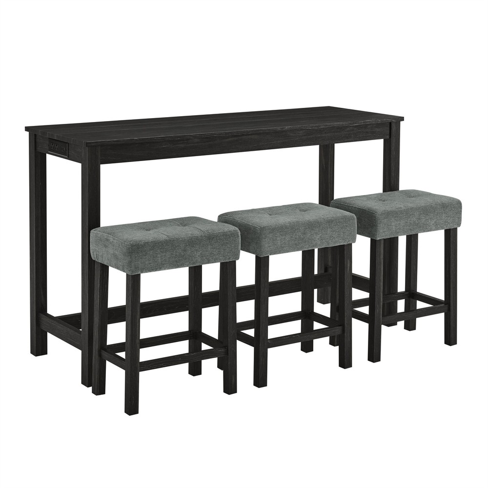 A 4-piece set, a sofa table with power sockets, and 3 upholstered stools