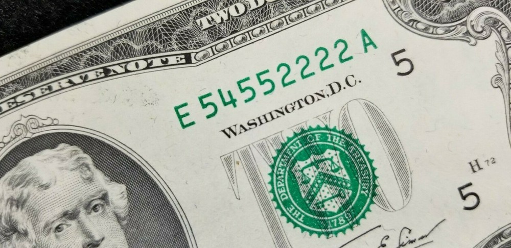 1976 $2 FRN FANCY SER# QUAD 54552222 UNCIRCULATED 2 INK ERRORS & SHIFT ERR