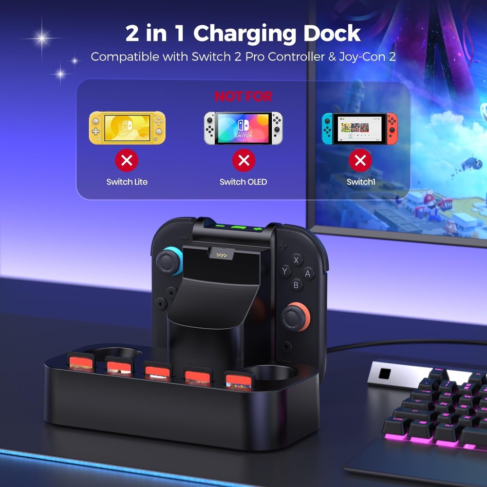 NEWDERY 2IN1 Charging Dock for Nintendo Switch 2 Pro Controller & Joycon Station