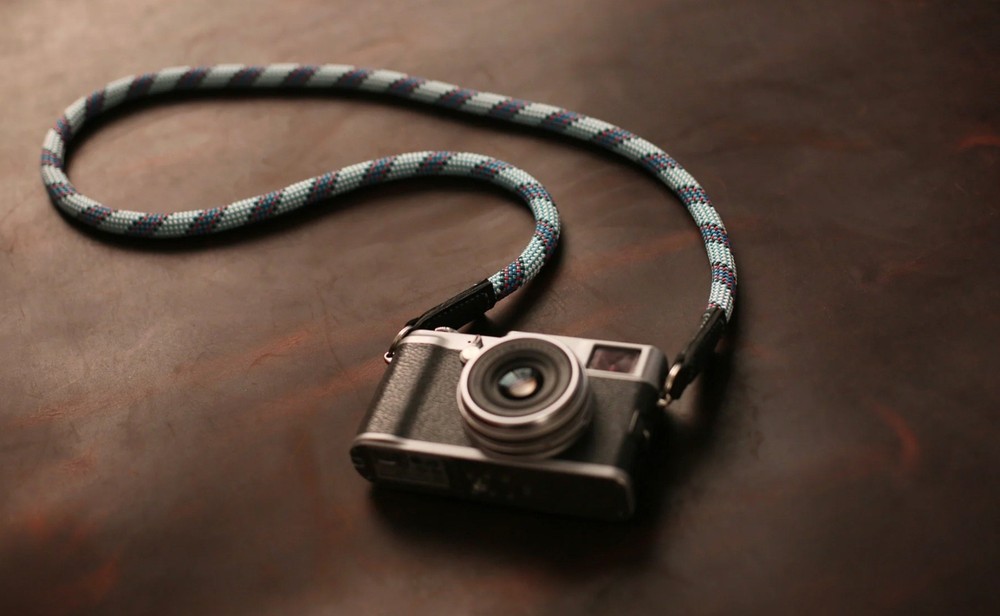 Windmup Blue Pattern Rope Camera Strap – Handmade Climbing Rope & Black Leather