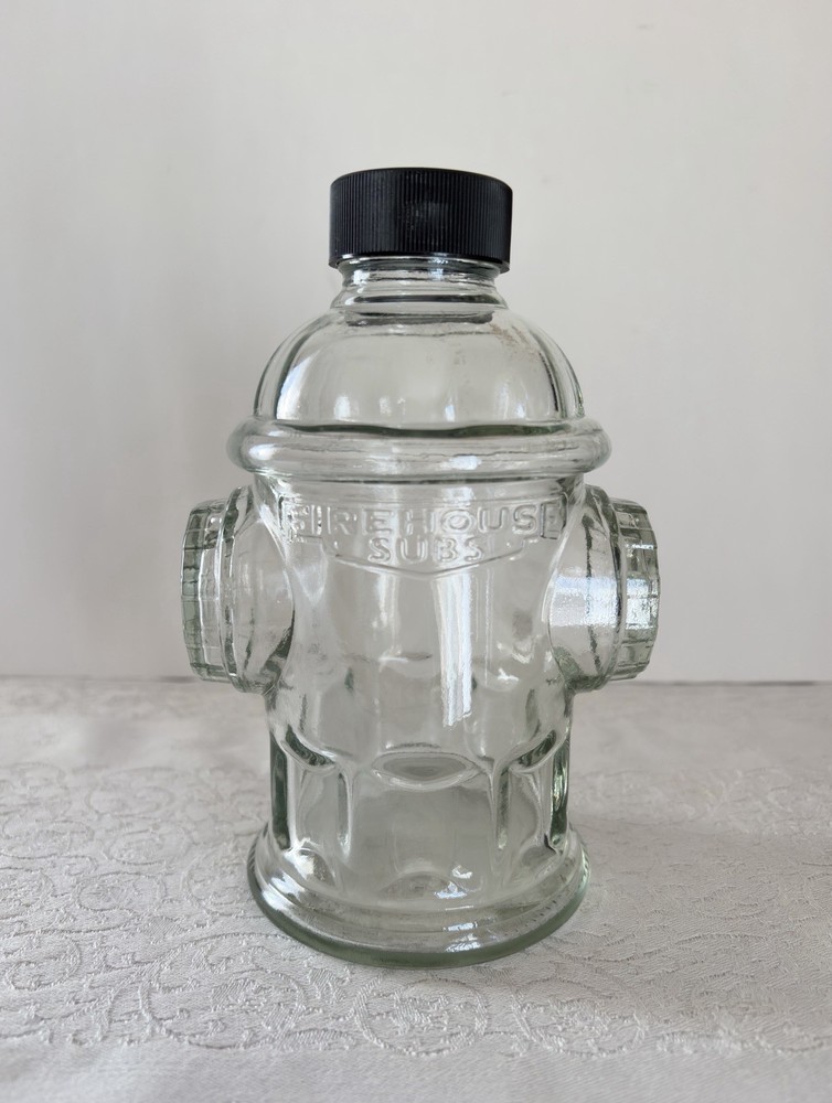 FIREHOUSE SUBS CLEAR GLASS FIRE HYDRANT BOTTLE SCREW ON LID