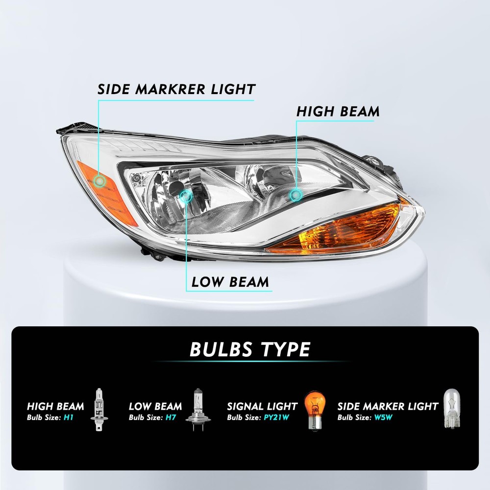 Headlight Assembly for 2012-2014 Focus Chrome Housing Right Passenger Side