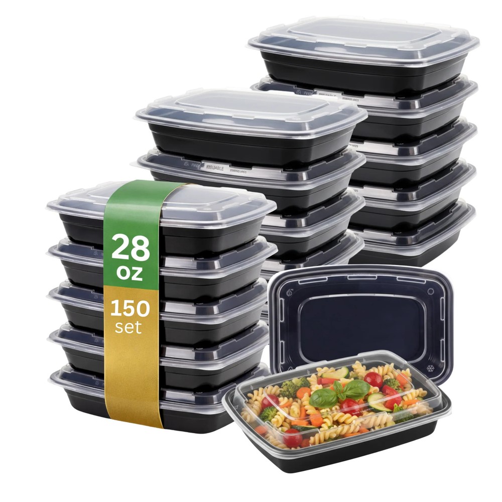 28oz Rectangular Microwaveable Container with Lid, 150 Sets (50/6)