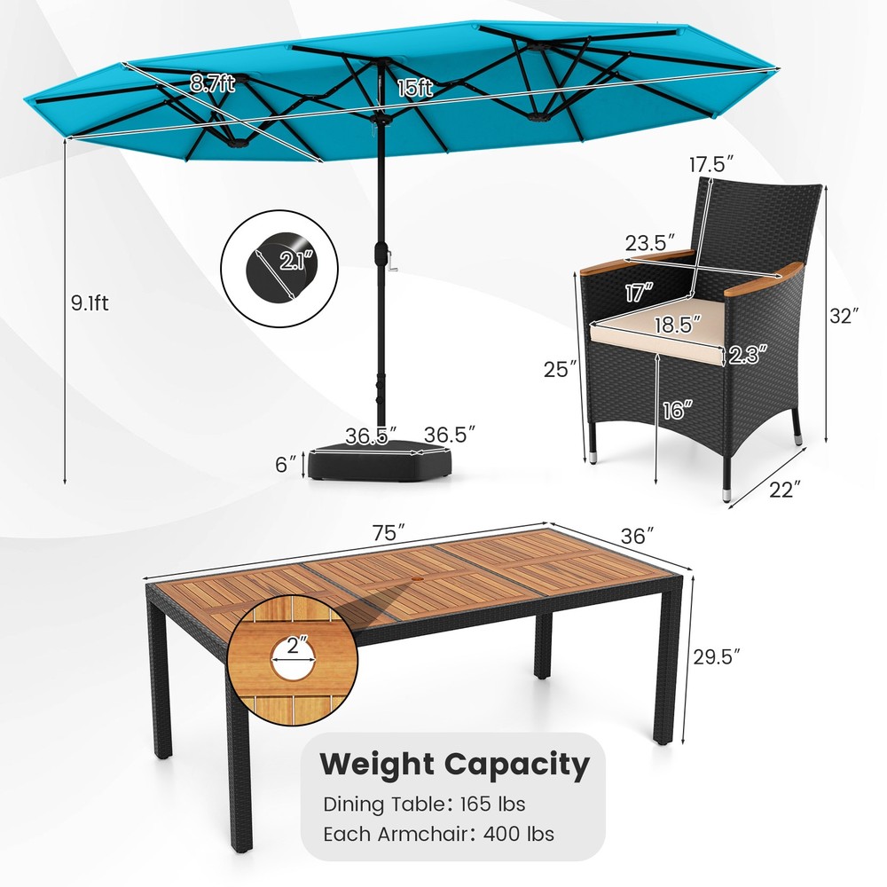 11PCS Patio Wicker Dining Set w/Double-Sided Outdoor Umbrella 8 Stackable Chairs