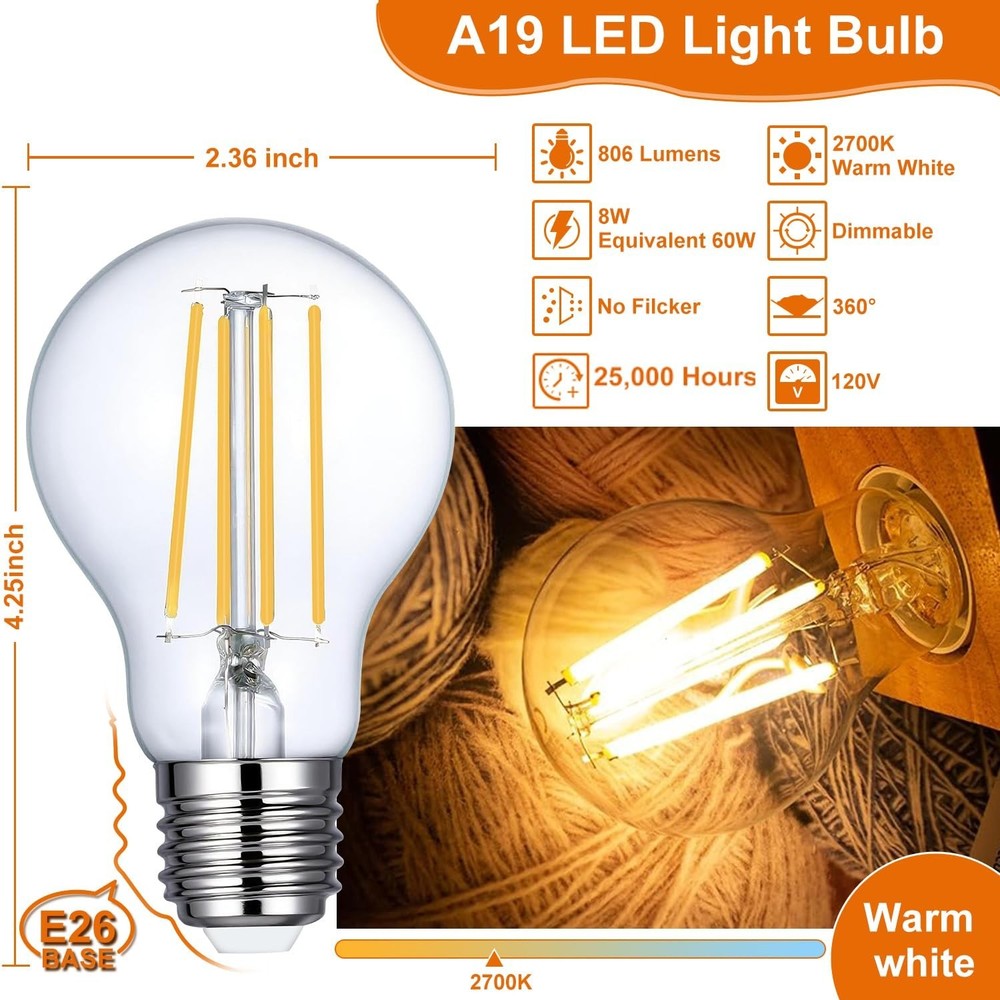 A19 Filament Bulb,Abnerph 6 Pack High output 806LM 8W Dimmable LED E26 Edison...
