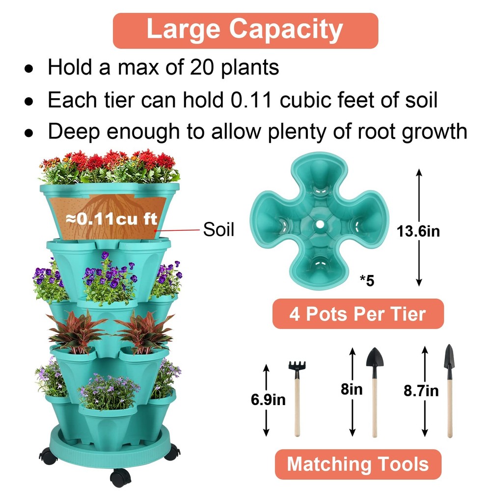 Vertical Planter Tower - 5 Tier Stackable Garden Planters with Wheels and Too...