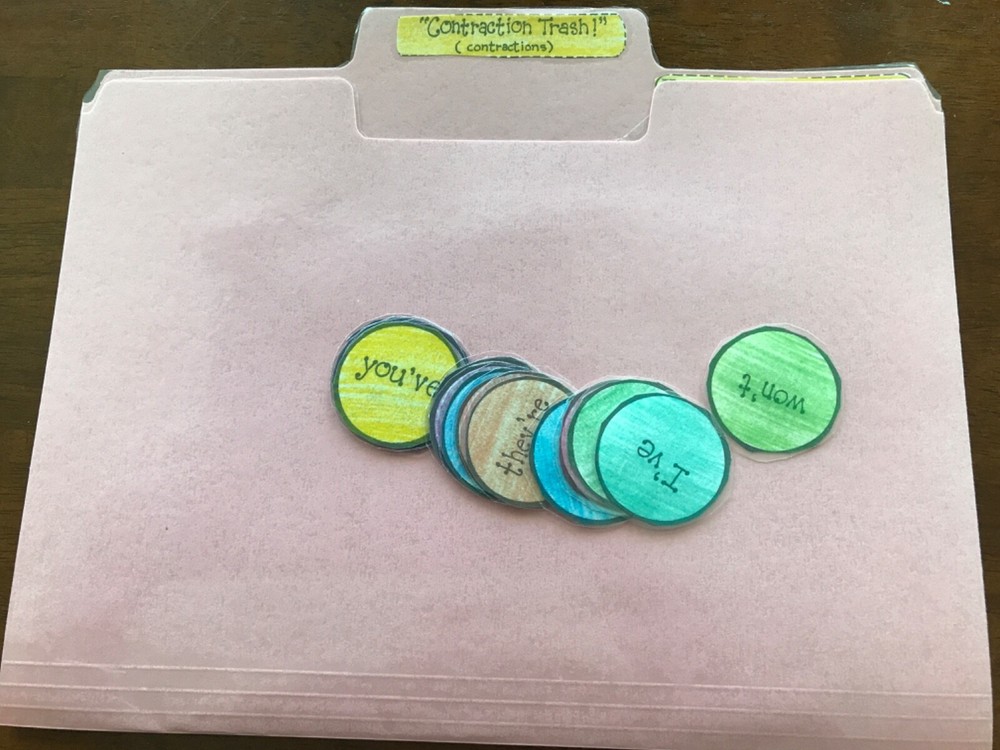 Contraction Trash! Contractions 1-4 Grade language arts file folder game
