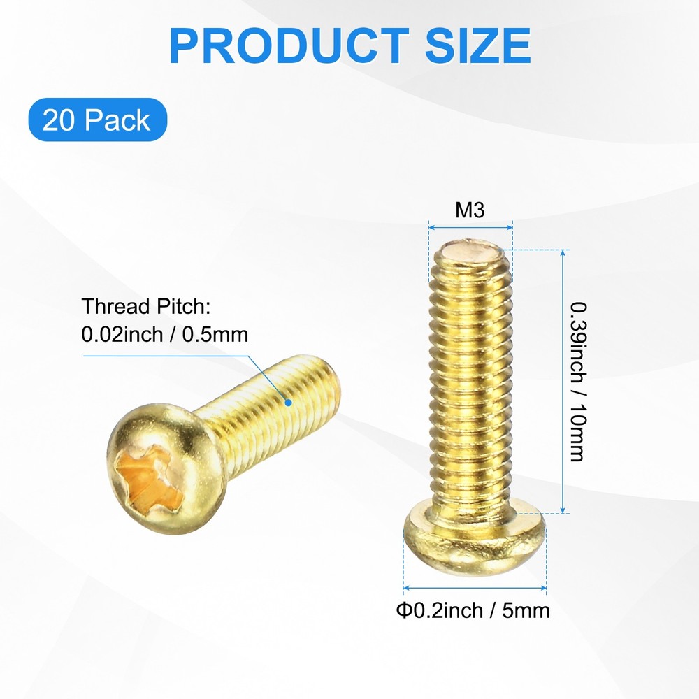 20-Pack M3x10mm Pan Head Machine Screws Brass Screw Brass