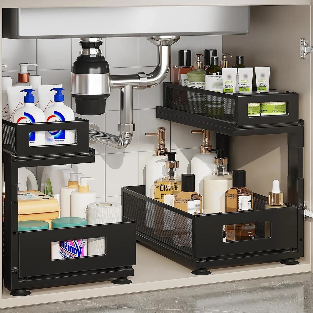 2 Pack Under Sink Organizer with Next-Gen Ball-Bearing Slides,2-Tier Pull Out...