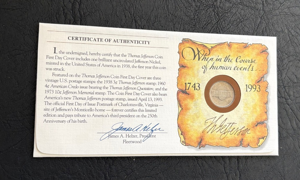 1993 Uncirculated Thomas Jefferson Five Cent Nickel & First Day Issue Stamps