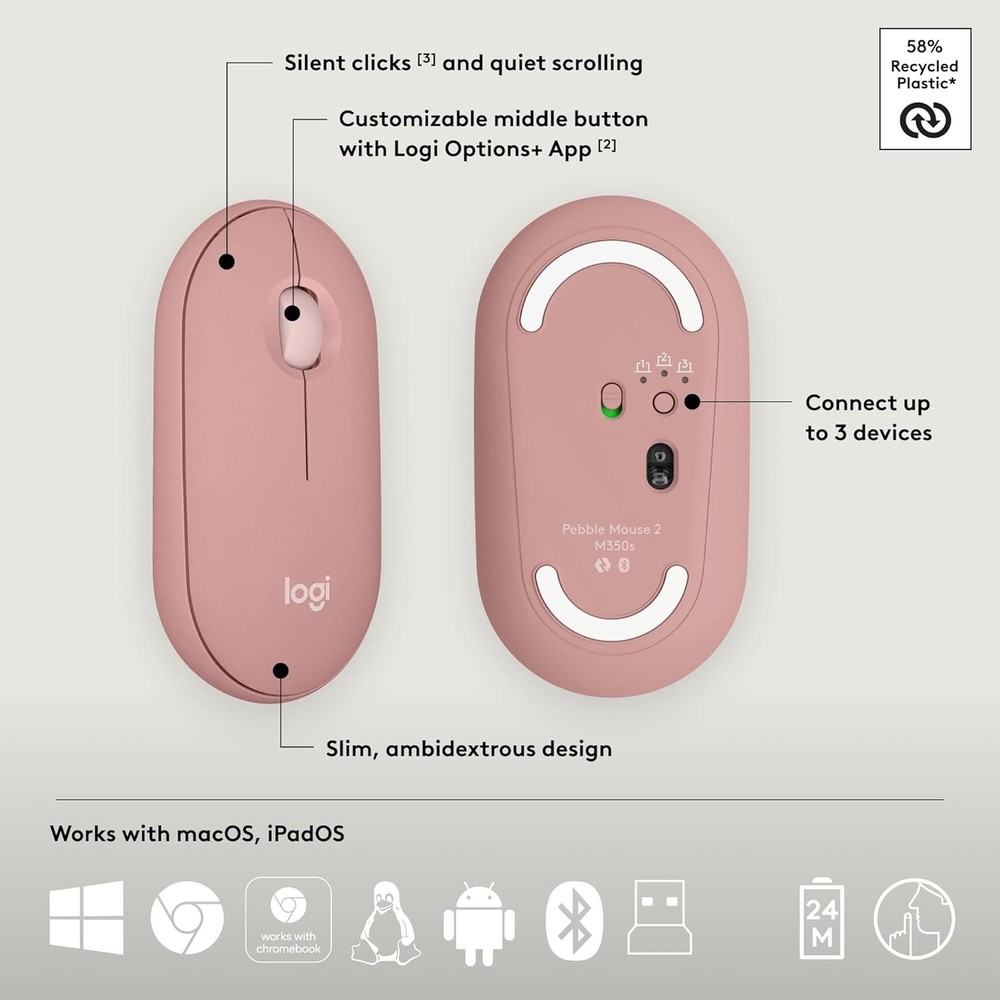 Logitech Pebble 2 Combo Wireless Keyboard Mouse Bundle Tonal Rose