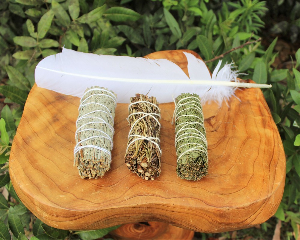 SAGE SMUDGE STICKS: BLUE, CEDAR & YERBA SAMPLER 3 PACK & WHITE FEATHER SMUDGING