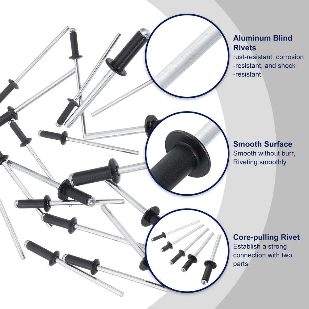 60Pcs 3/32"x5/16" Aluminum Blind Rivets, Dome Head Long Split Rivets, Black