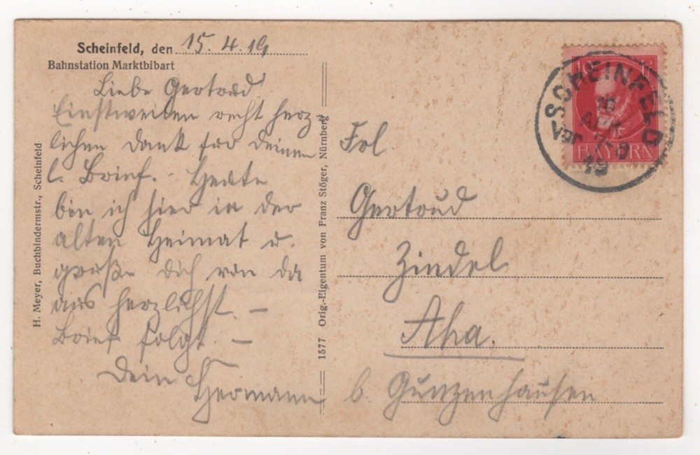 1919 Apr 10th. Picture Postcard. Scheinfeld to Aha.
