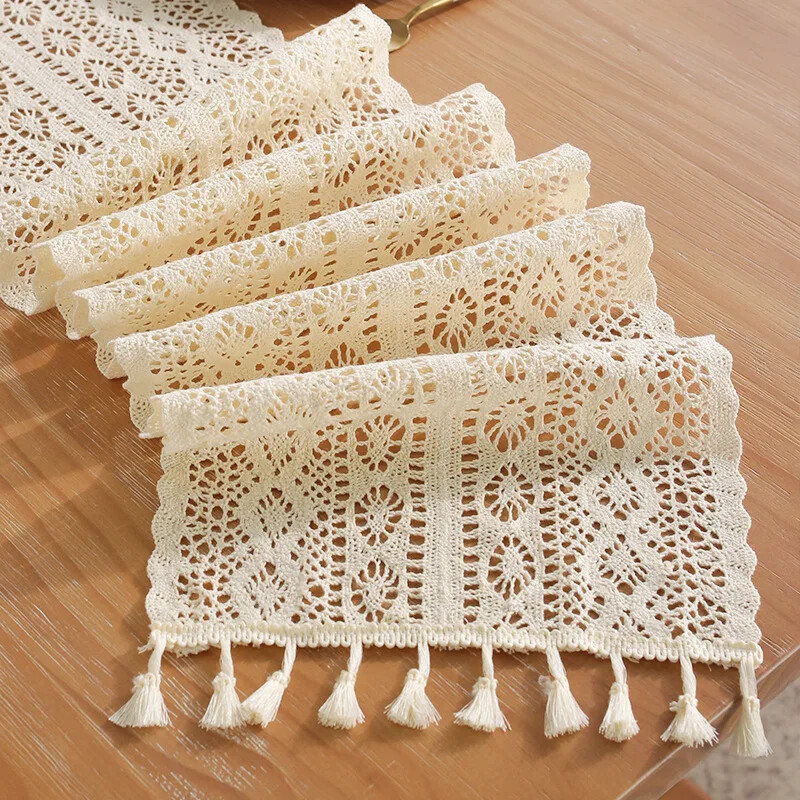 Beige Table Runner, Vintage Crochet Table Runner for Wedding Party Table Decor