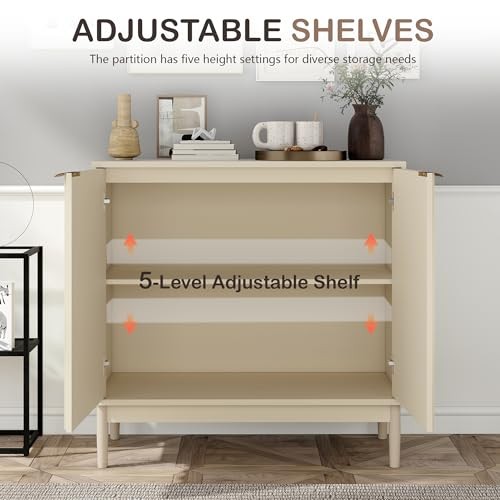 Fluted Sideboard with Storage, Buffet Cabinet Sideboard with 2 Doors Beige