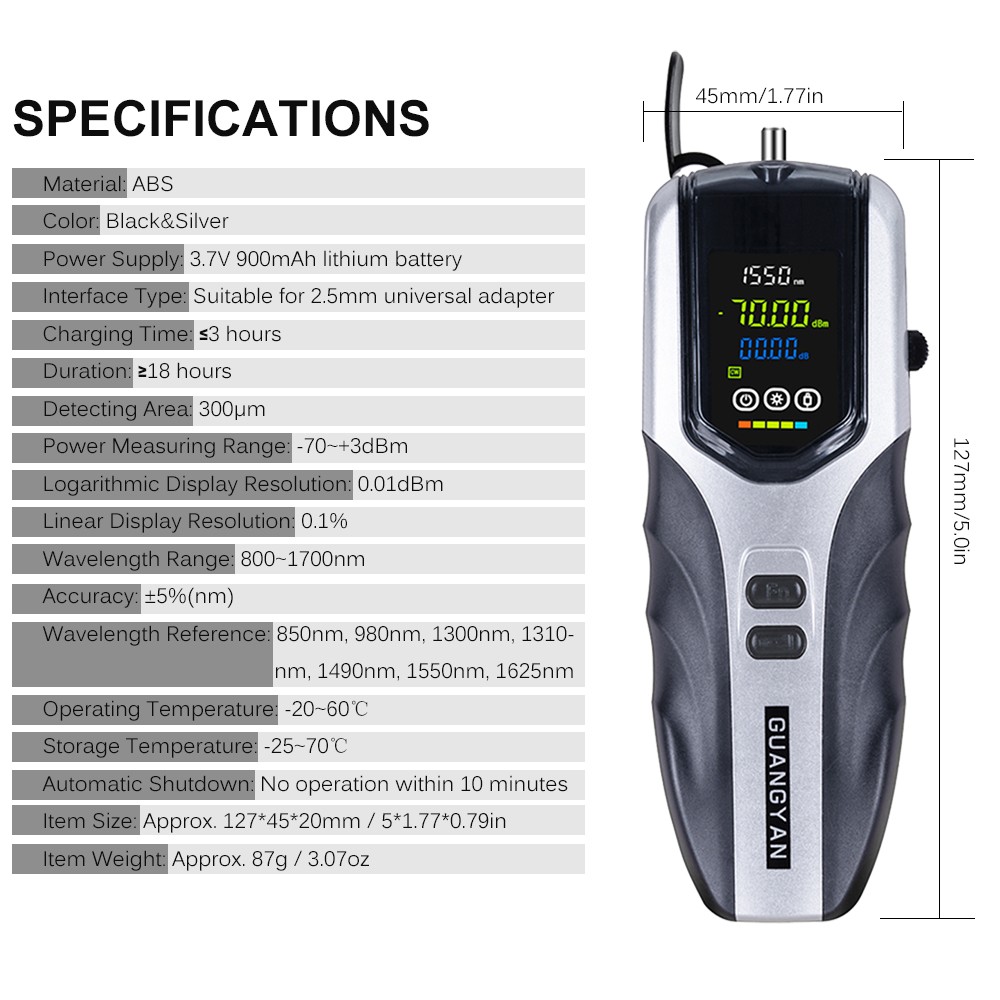 Handheld Optical Power Meter -70~+3dBm Rechargeable Optical Power Tester