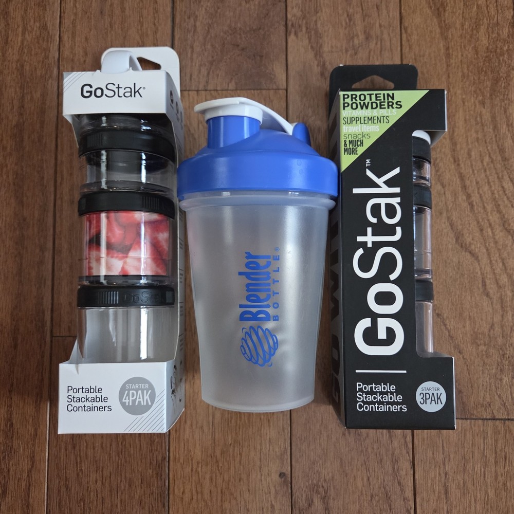 GoStak 3&4 Pak Black Portable Stackable Storage Containers w/Blue Blender Bottle