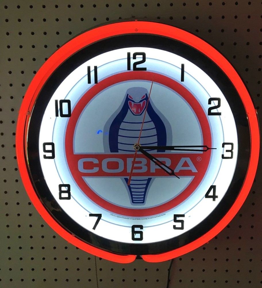 18" Red COBRA Snake Double Neon Chrome Clock Shelby Mustang