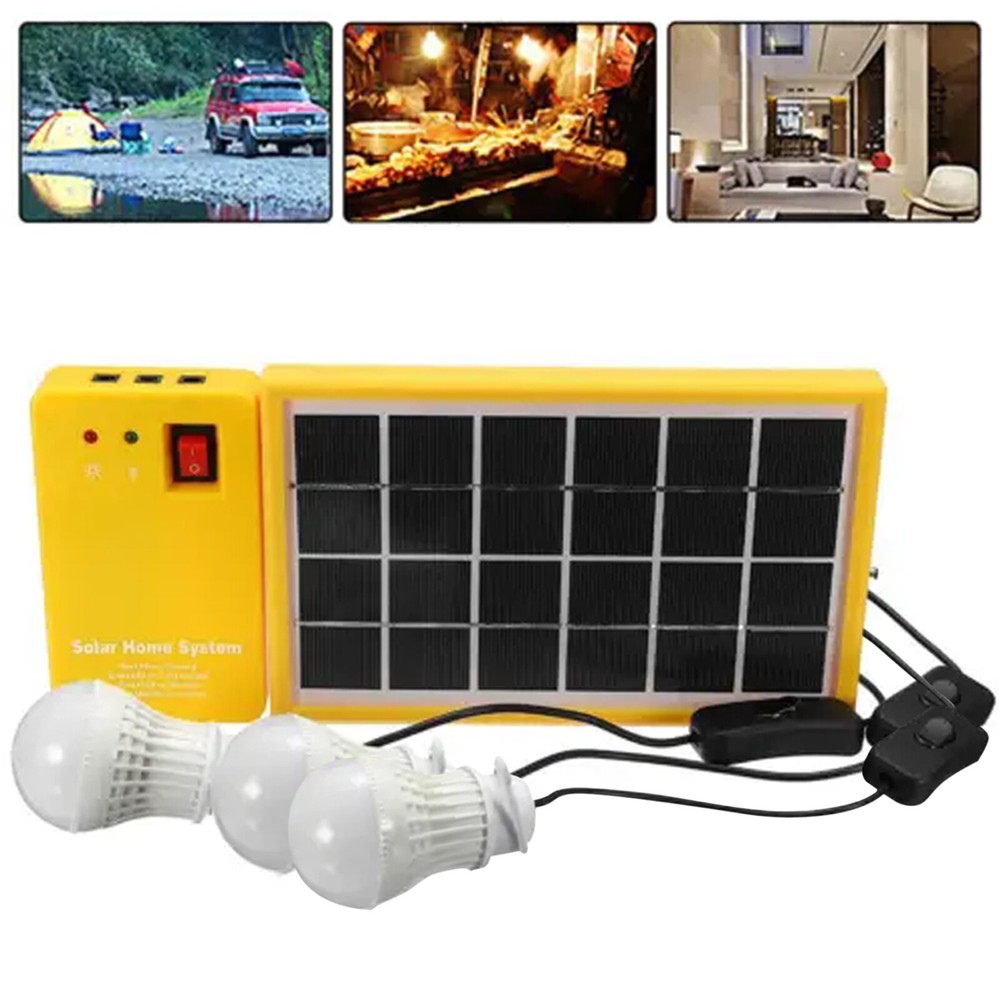 5V Solar Power Panel Generator Kit USB Charger Home System 3×LED Bulbs LightOl