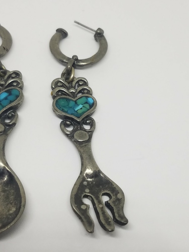 Vintage EJC Silver Tone Sppon & Fork Dangle Earrings Crushed Turquoise Heart