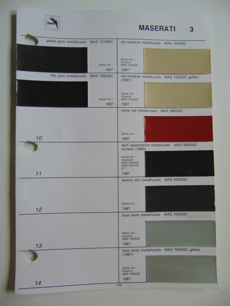 Original Glasurit Maserati Paint Chips Sheet - 1987