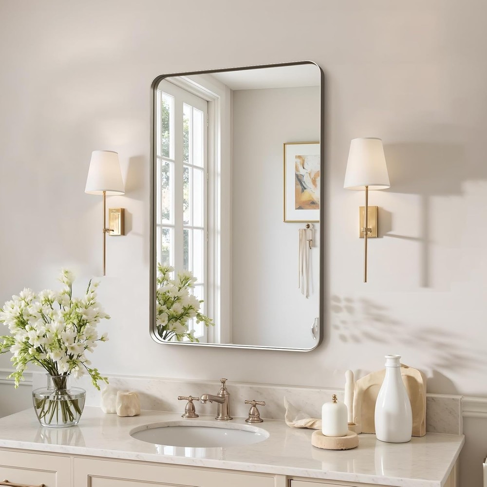 30"x20" Bathroom Mirror Large Brushed Nickel Rounded Rectangle Vanity Mirror